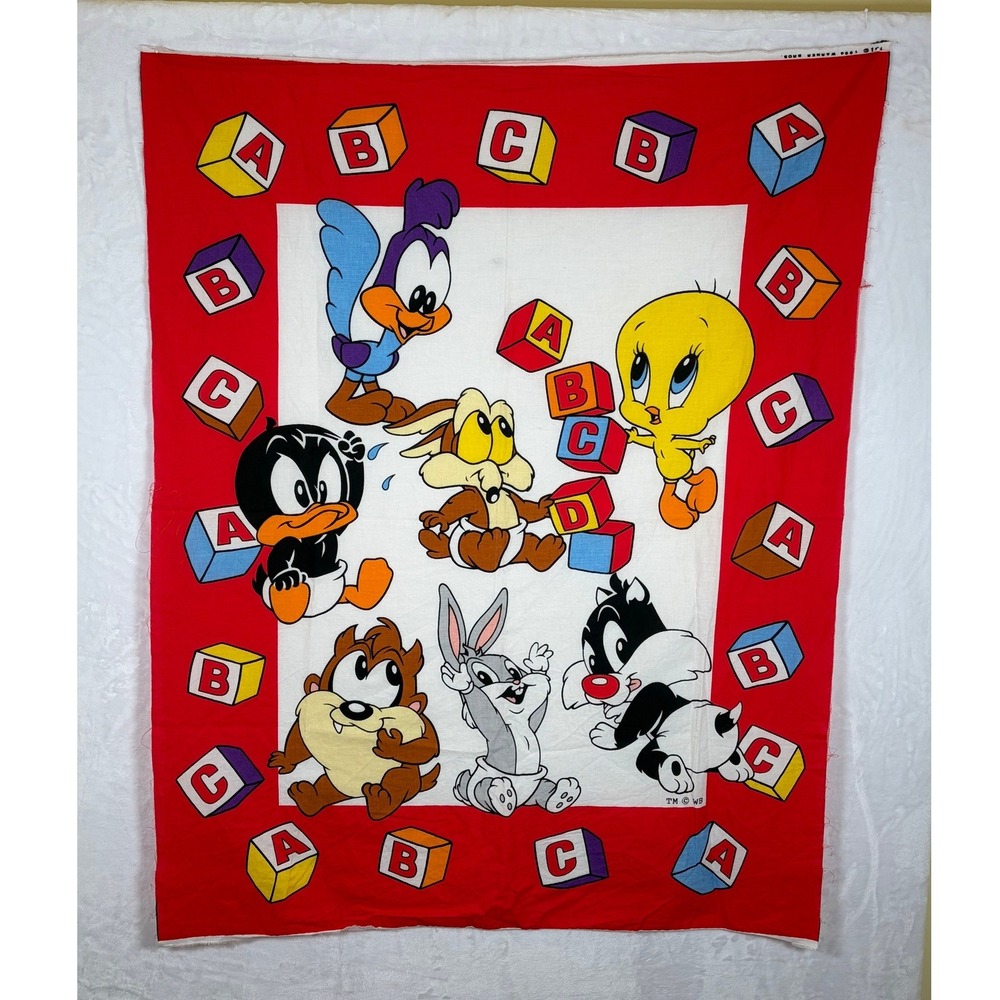Vintage 1994 Baby Looney Tunes ABC Fabric Panel Red Warner Bros Cotton 35x44